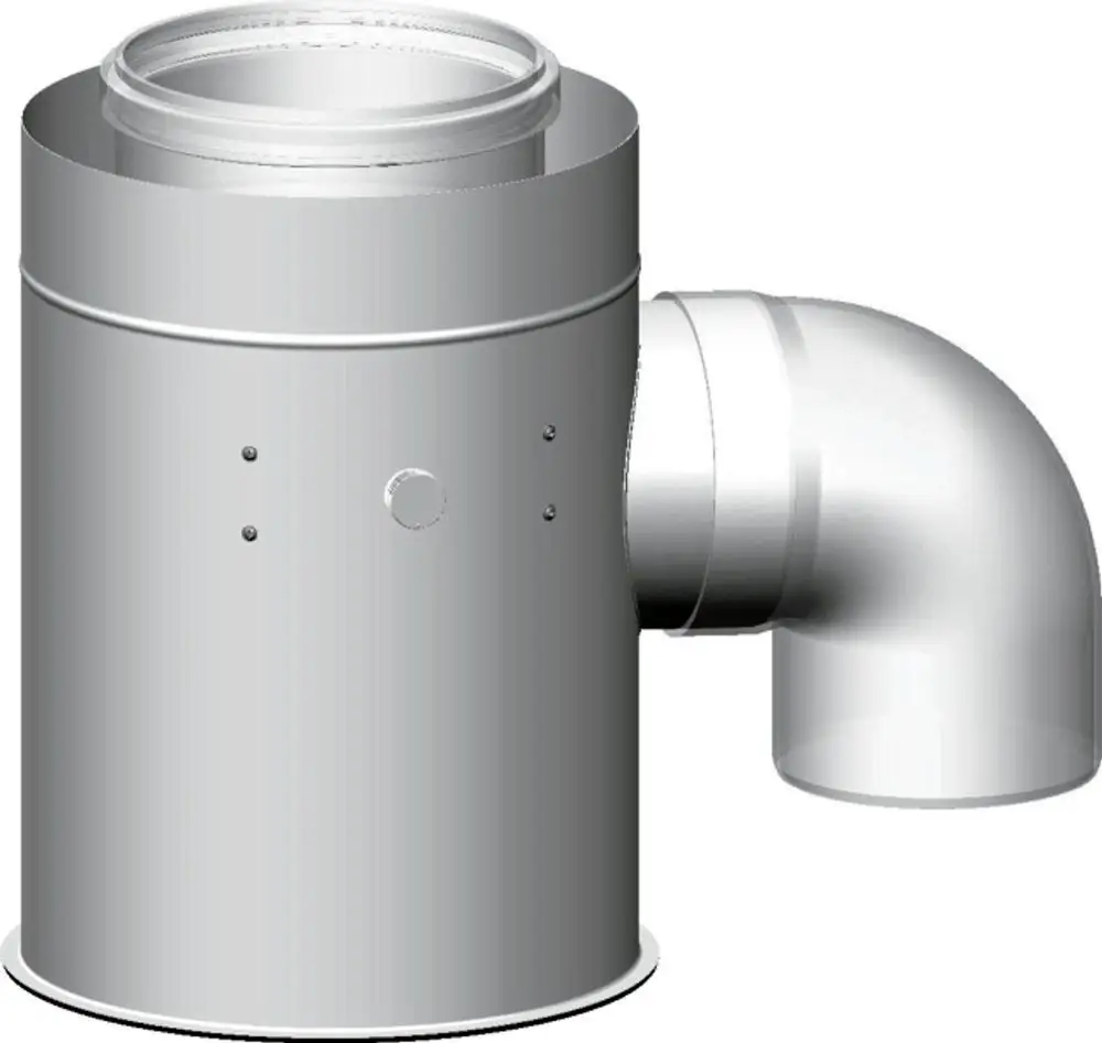 Adapter im silbernen Metallfinish mit zylindrischer Form und seitlichem Anschluss, geeignet für raumluftunabhängigen Betrieb von Wolf-Systemen.